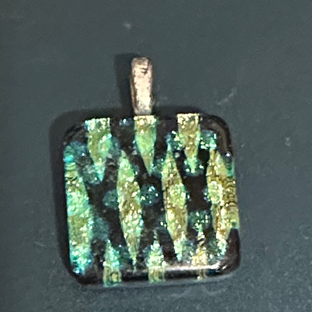 Elegant  Vintage Art Glass Black, Teal, Gold &Silver Square Pendant

Box 1